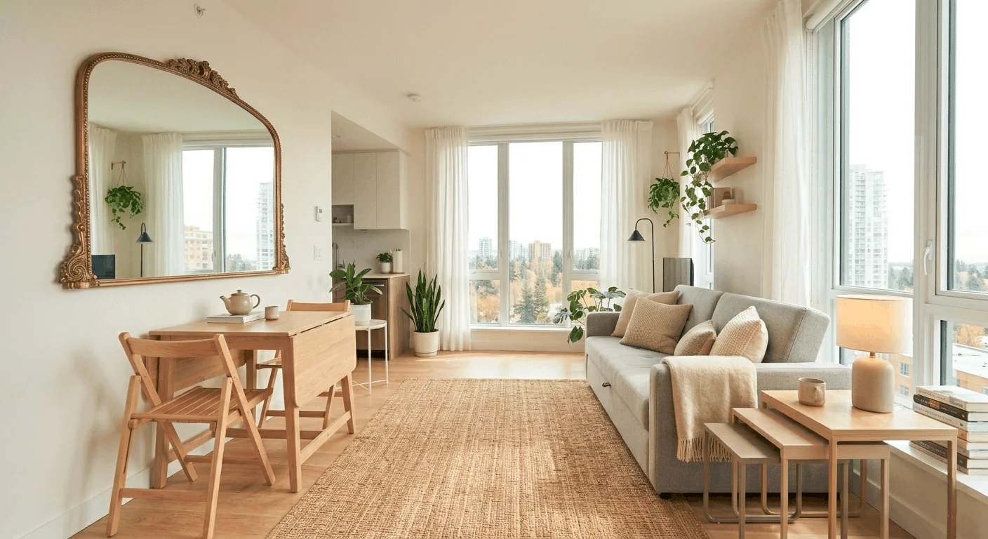 Small apartment decorated with multi-functional furniture like foldable tables and sofa beds to maximize space and keep rooms open.