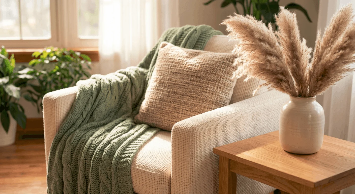 A neutral living room setup featuring wood accents, cream pillows, and a sage green throw blanket to illustrate a budget-friendly color scheme.