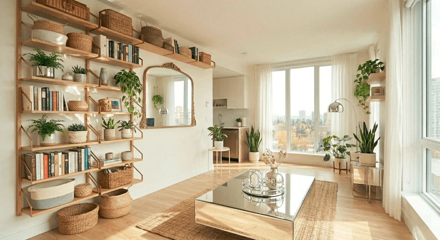 Small apartment living room using reflective surfaces like mirrored tables and décor to visually enlarge the space.
