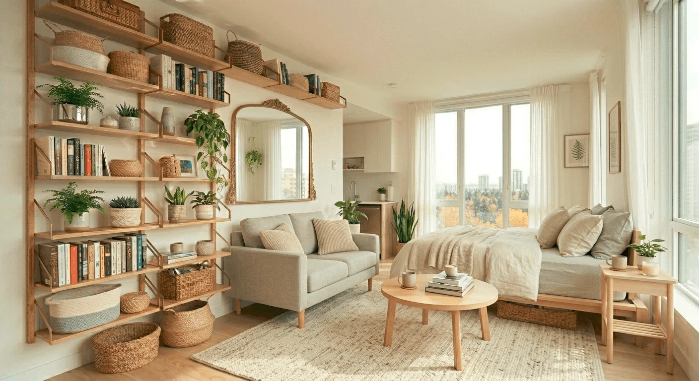 Small apartment studio using area rugs to define seating space and make rooms look bigger and organized.
