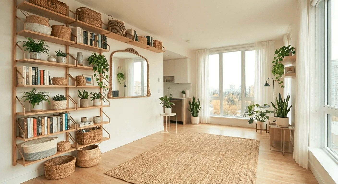 Vertical shelving in a small apartment to maximize space and storage while keeping the room open and uncluttered.