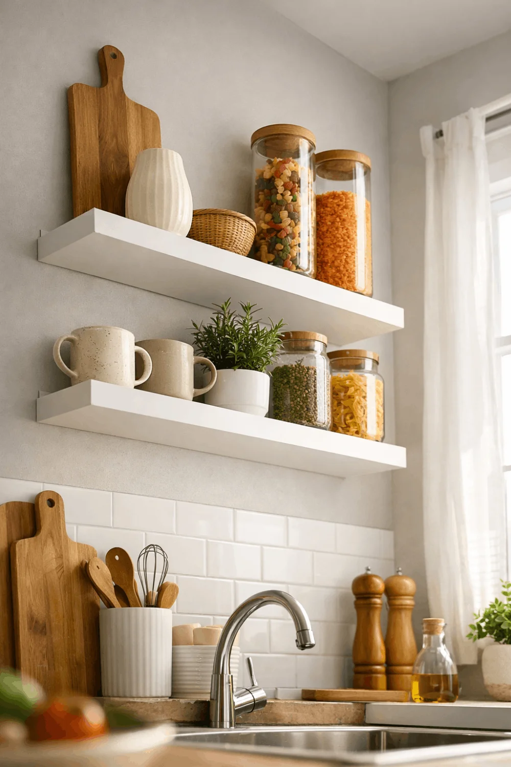 Modern small kitchen with white floating shelves displaying minimalist ceramic mugs and glass jars, optimizing vertical space in a tiny apartment.