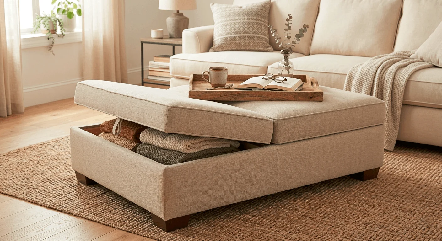 A beige fabric storage ottoman being used as a coffee table with a wooden tray on top.