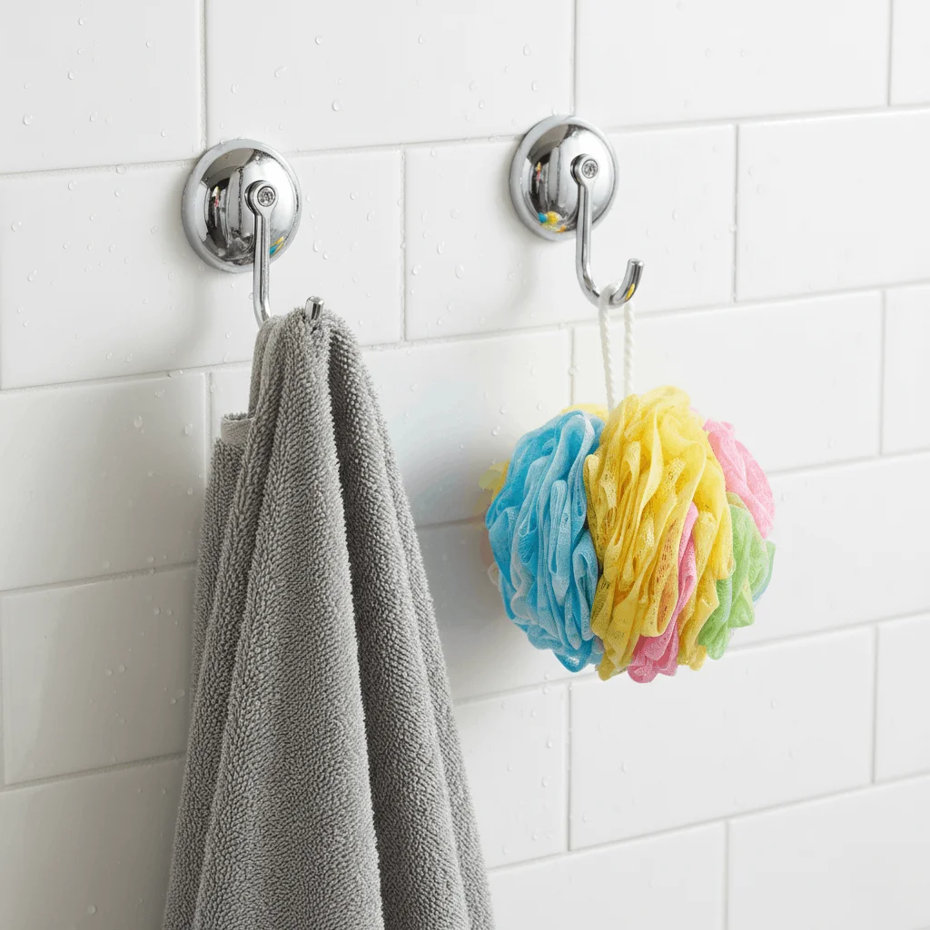 Heavy-duty suction hooks for bathroom tile holding a grey towel and loofah, ideal for damage-free organization in humid rental spaces.