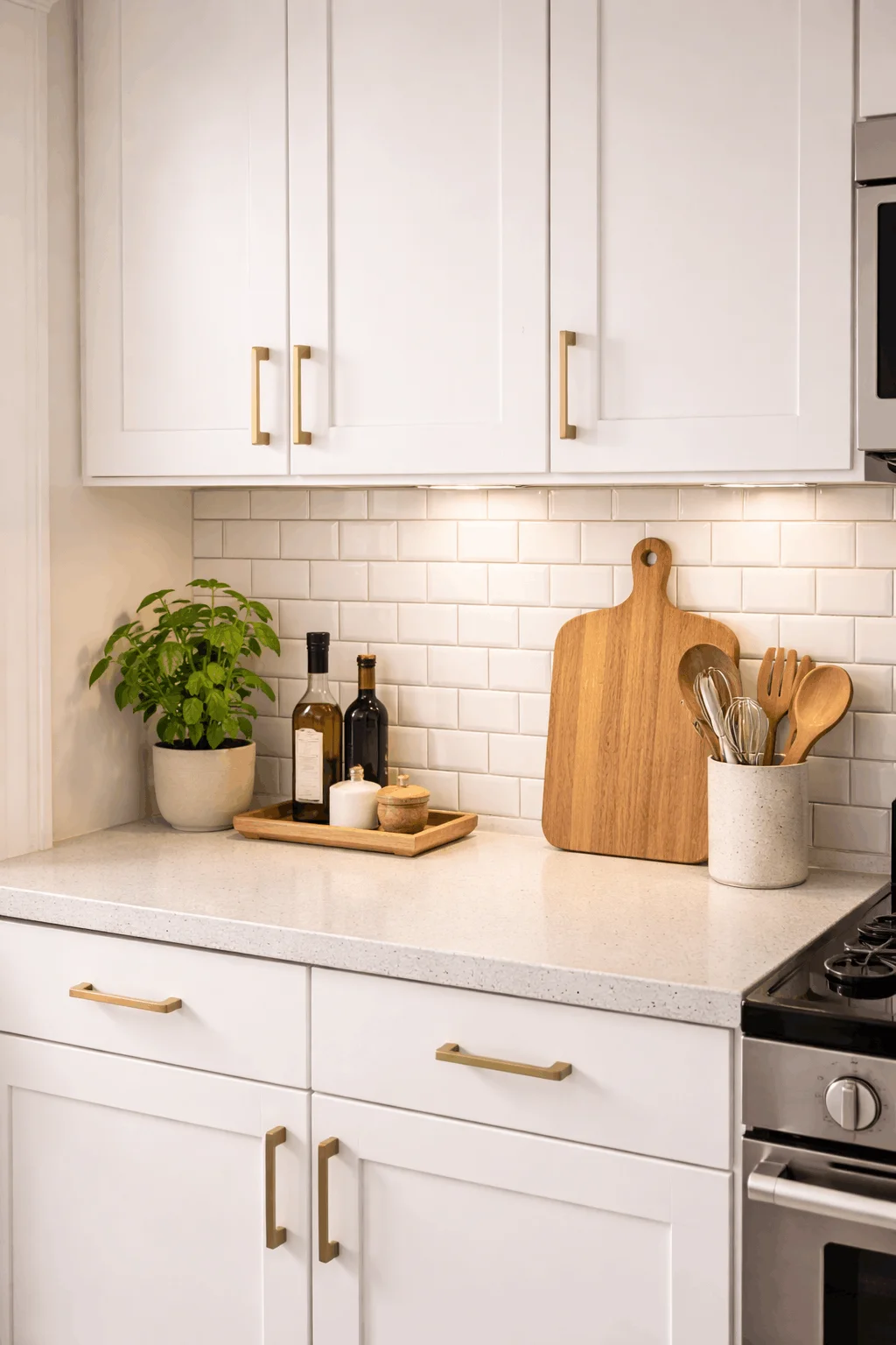 Apartment kitchen with a modern temporary backsplash, showcasing a cheap apartment upgrade for 2026 and illustrating renter-friendly home decor for kitchens on a budget.