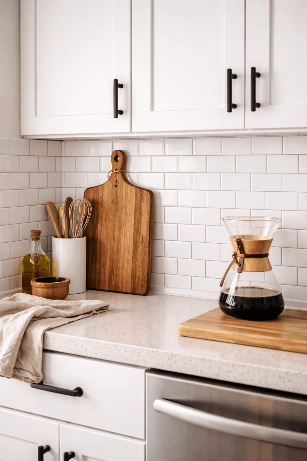 A rental kitchen upgrade showing a temporary faux white subway tile backsplash and swapped matte black cabinet hardware.