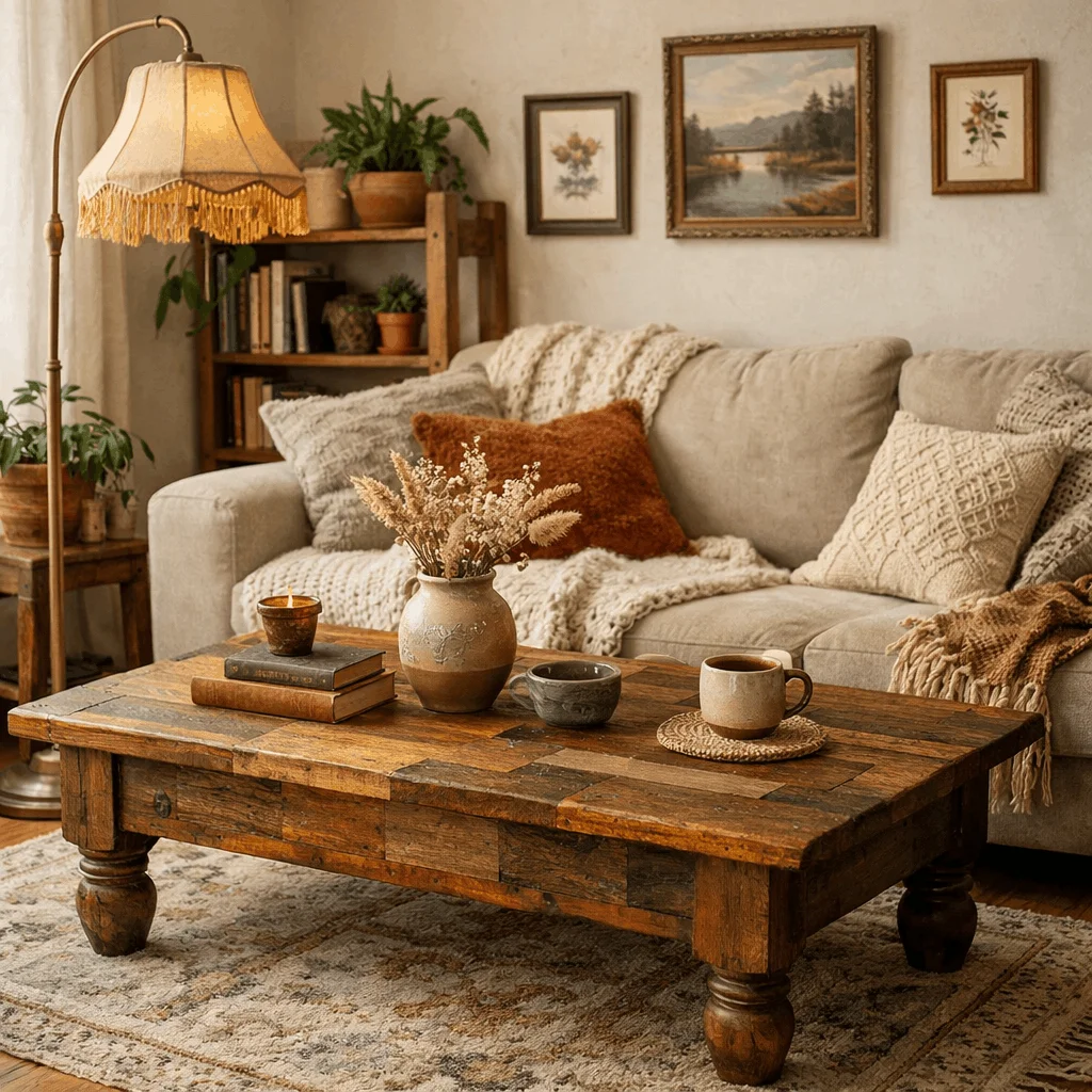 Stylish living room with thrifted wooden coffee table and budget-friendly, sustainable decor, showcasing affordable modern home decor trends for 2026 apartment makeovers.