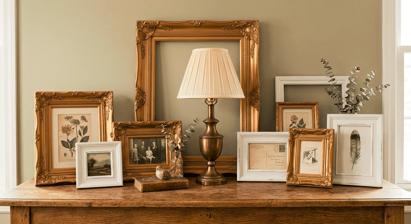 A collection of thrifted picture frames and a vintage lamp spray-painted in a matte black finish on a console table.