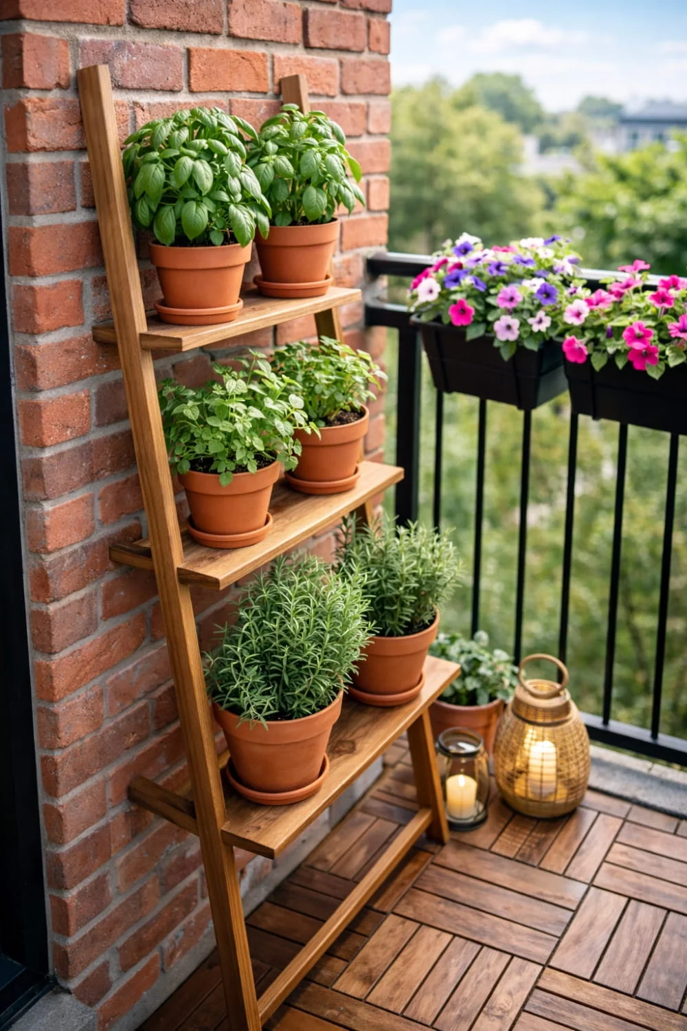 A wooden ladder shelf and railing planters showing how to decorate a small apartment balcony with plants.
