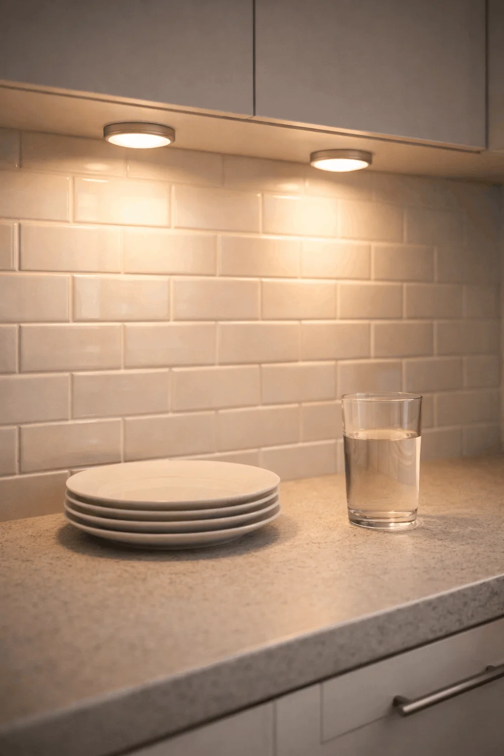 Warm under-cabinet LED puck lights illuminating a small kitchen countertop, enhancing ambiance and visibility in a tiny apartment.