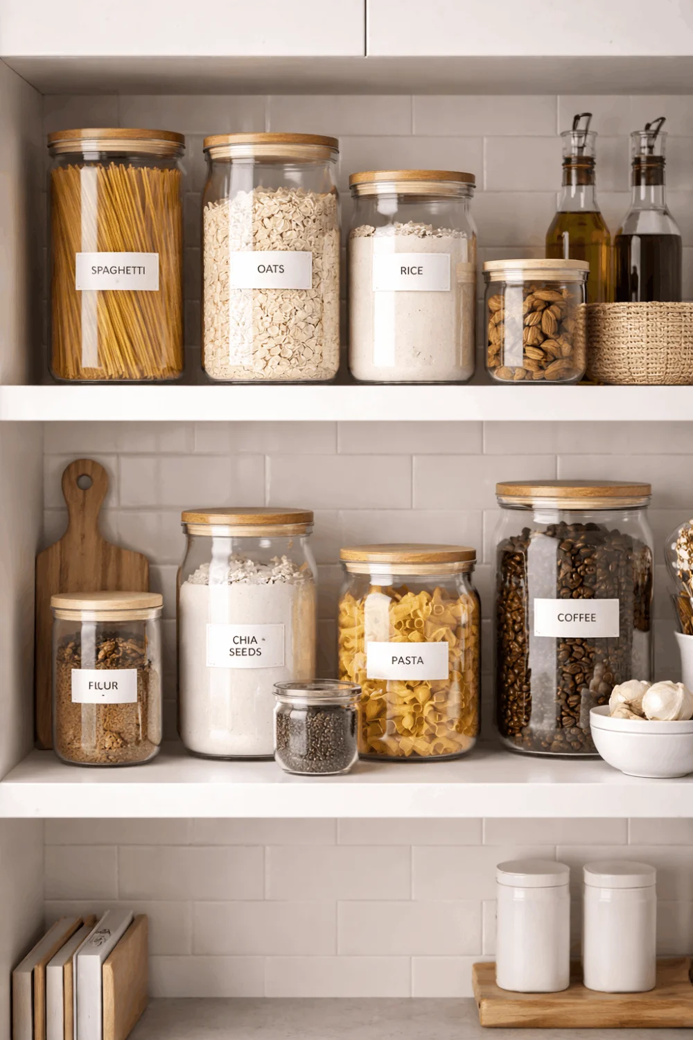 Organized pantry shelf with uniform clear glass jars holding pantry staples, showcasing aesthetic small kitchen décor and organization.