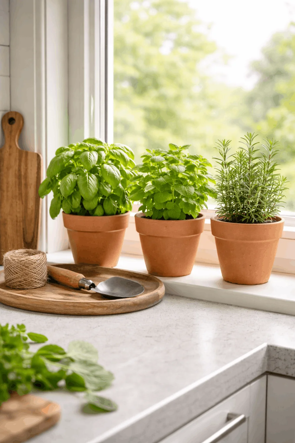 Bright windowsill herb garden with basil, mint, and rosemary in terracotta pots, adding a fresh, cozy touch to a small apartment kitchen.