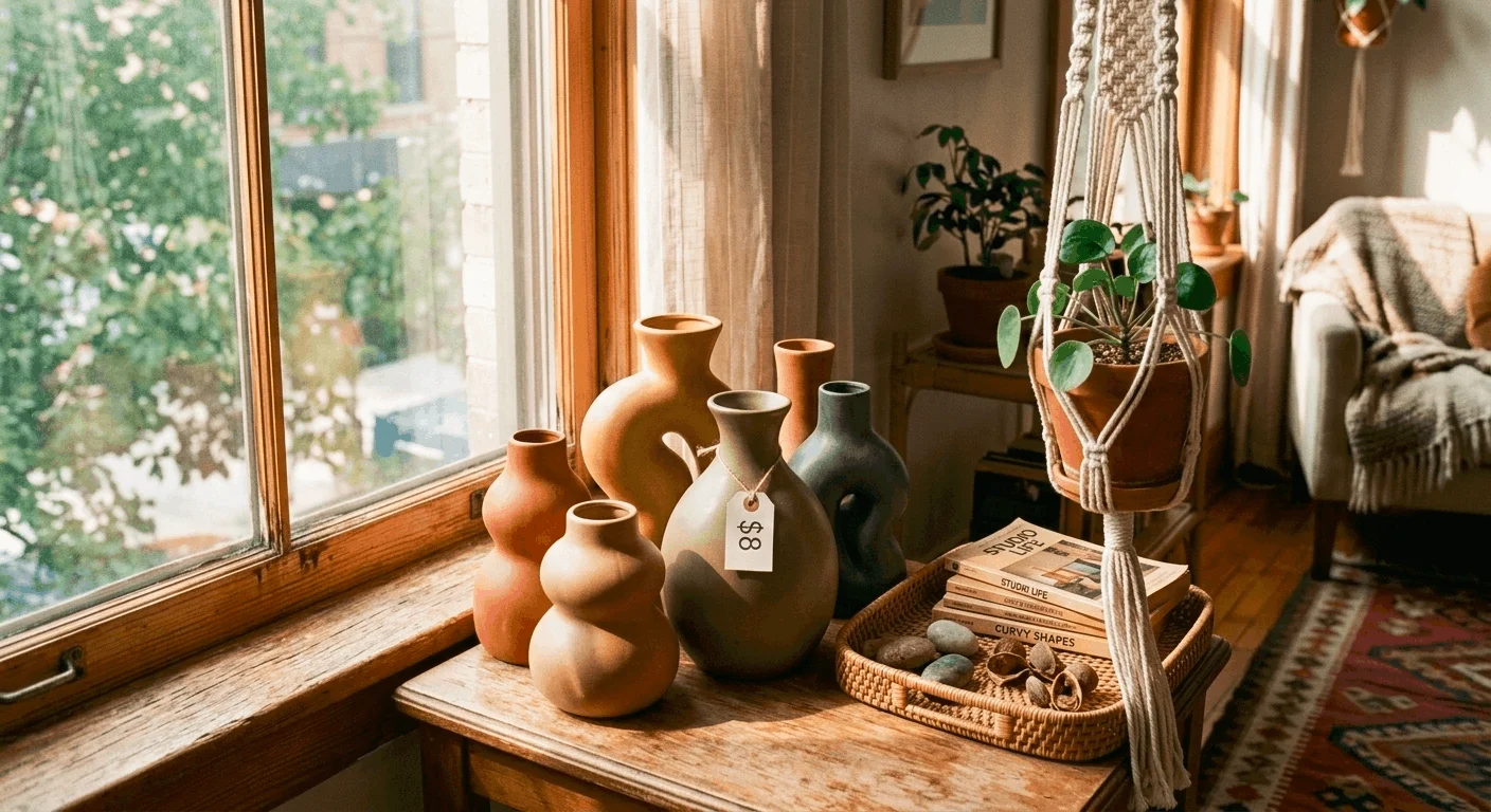 Apartment thrift store finds 2026 trends featuring curvy ceramics and rustic accents.