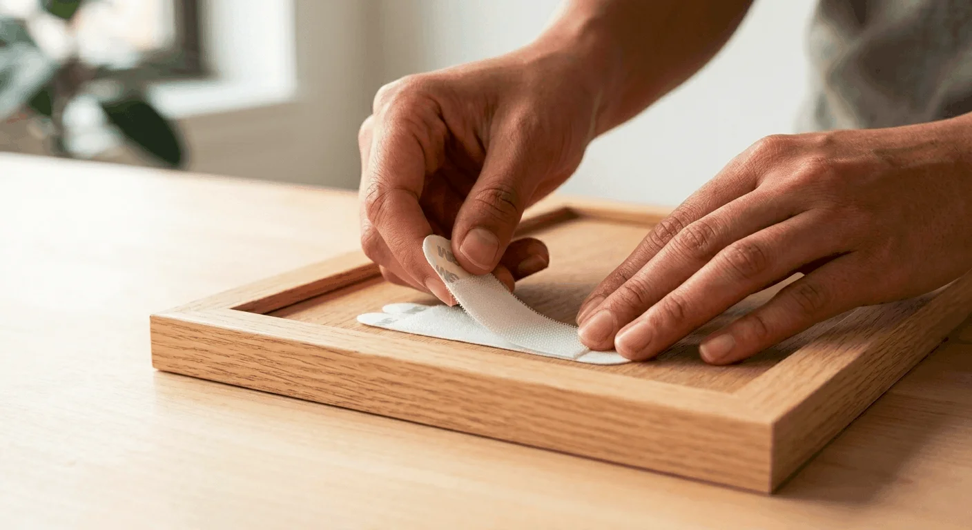 Hands applying 3M command strips adhesive picture hanging strips to the back of a picture frame for a nail-free gallery wall in a rental apartment