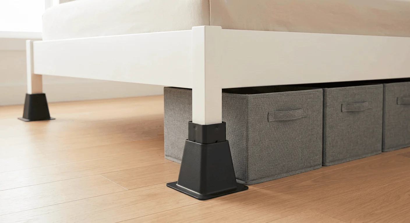 Matte black bed risers lifting a bed frame to create more under-bed storage space in a rental apartment