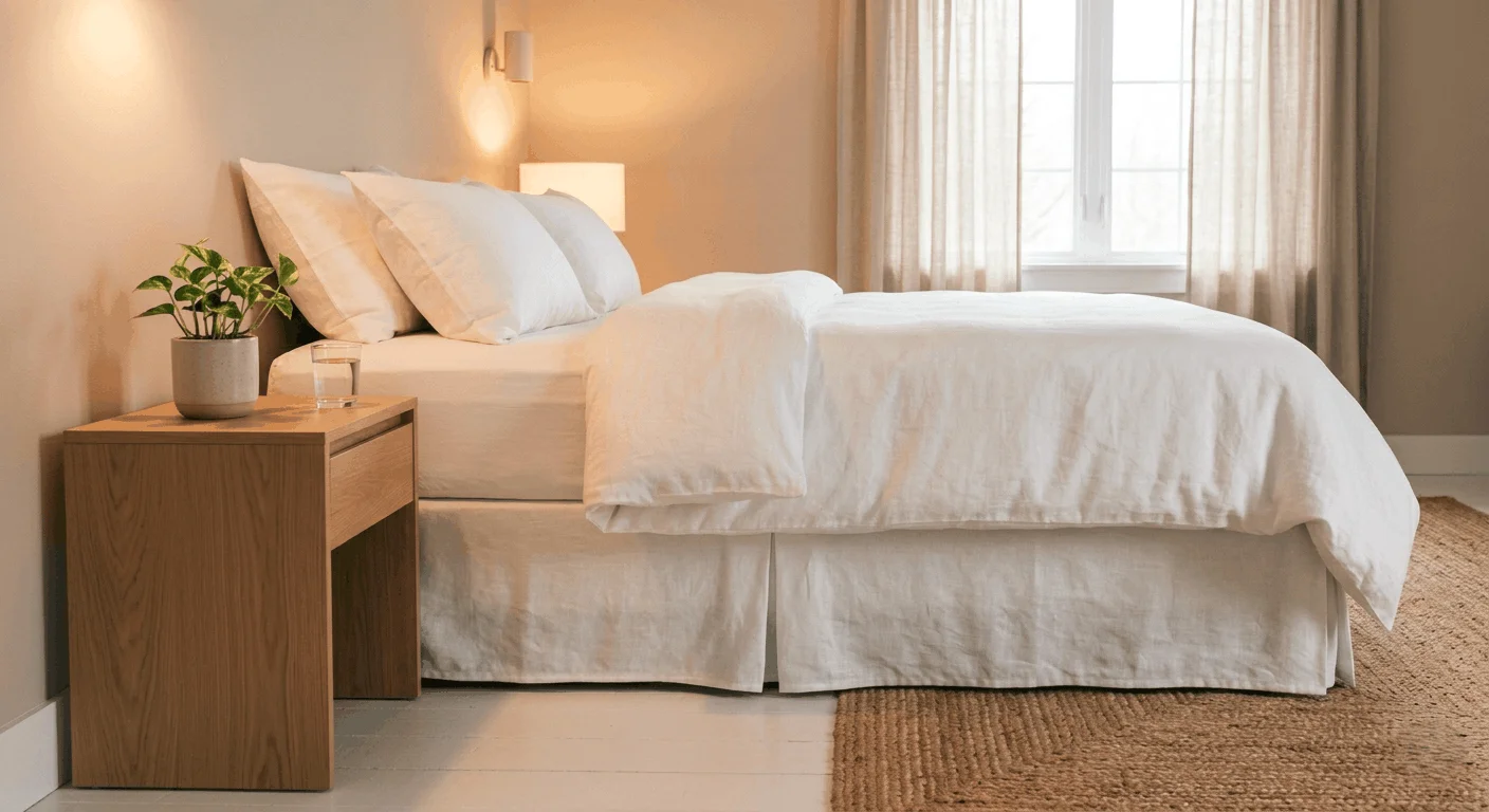 White linen bed skirt concealing stylish under-bed storage in a clean, organized rental apartment bedroom