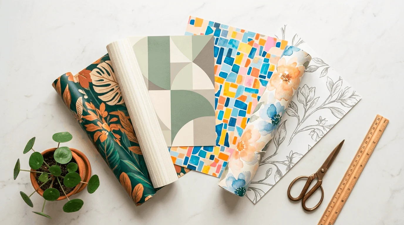 Flat lay of multiple removable wallpaper swatches in different patterns and colors showing the best removable wallpaper 2026 options for renter friendly apartment decorating