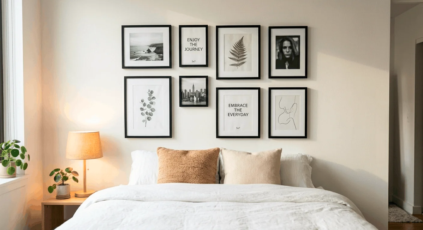 Renter-friendly black and white photo gallery wall without nails above a bed in a modern apartment bedroom using command strips