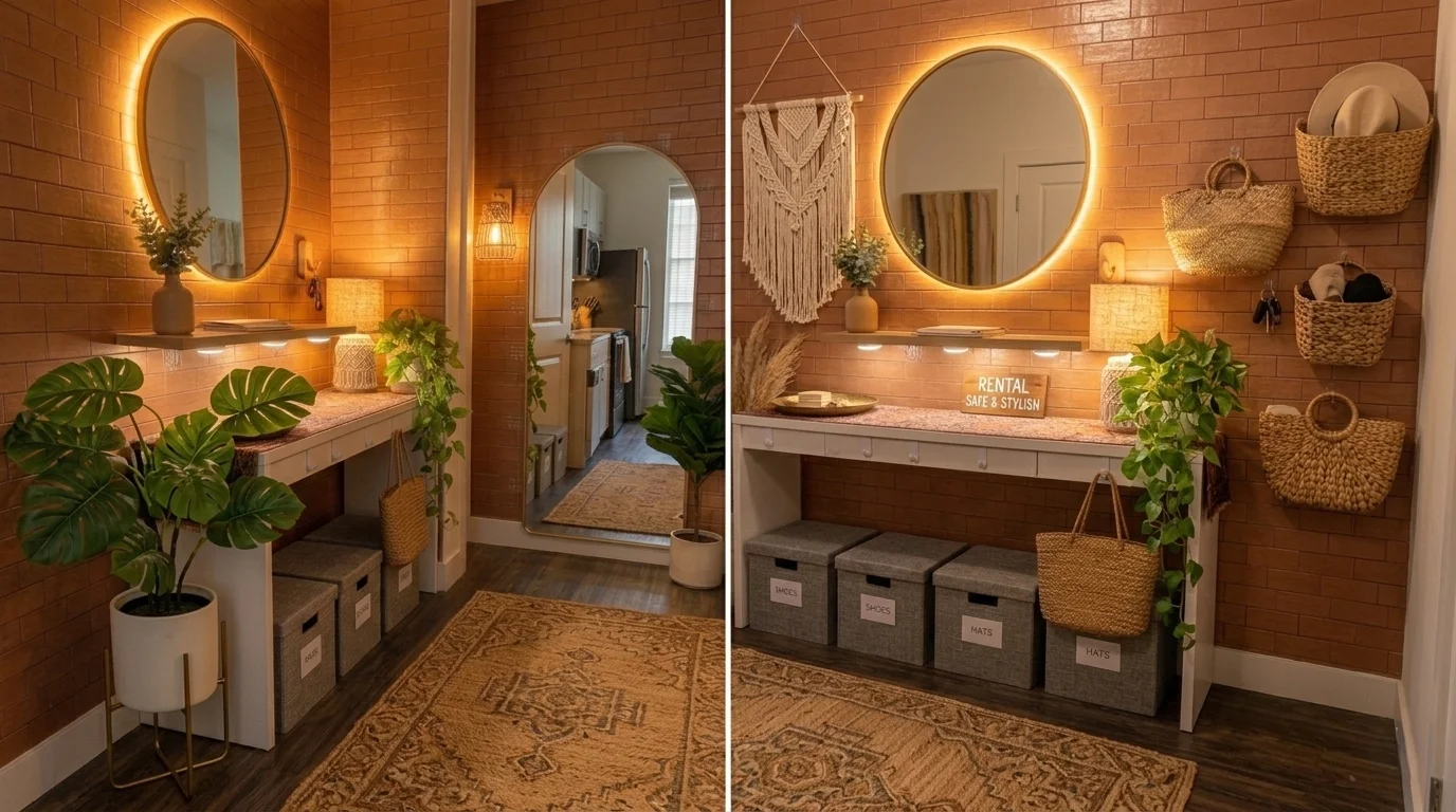 Boho style entryway decor safe for rentals with baskets and rugs.