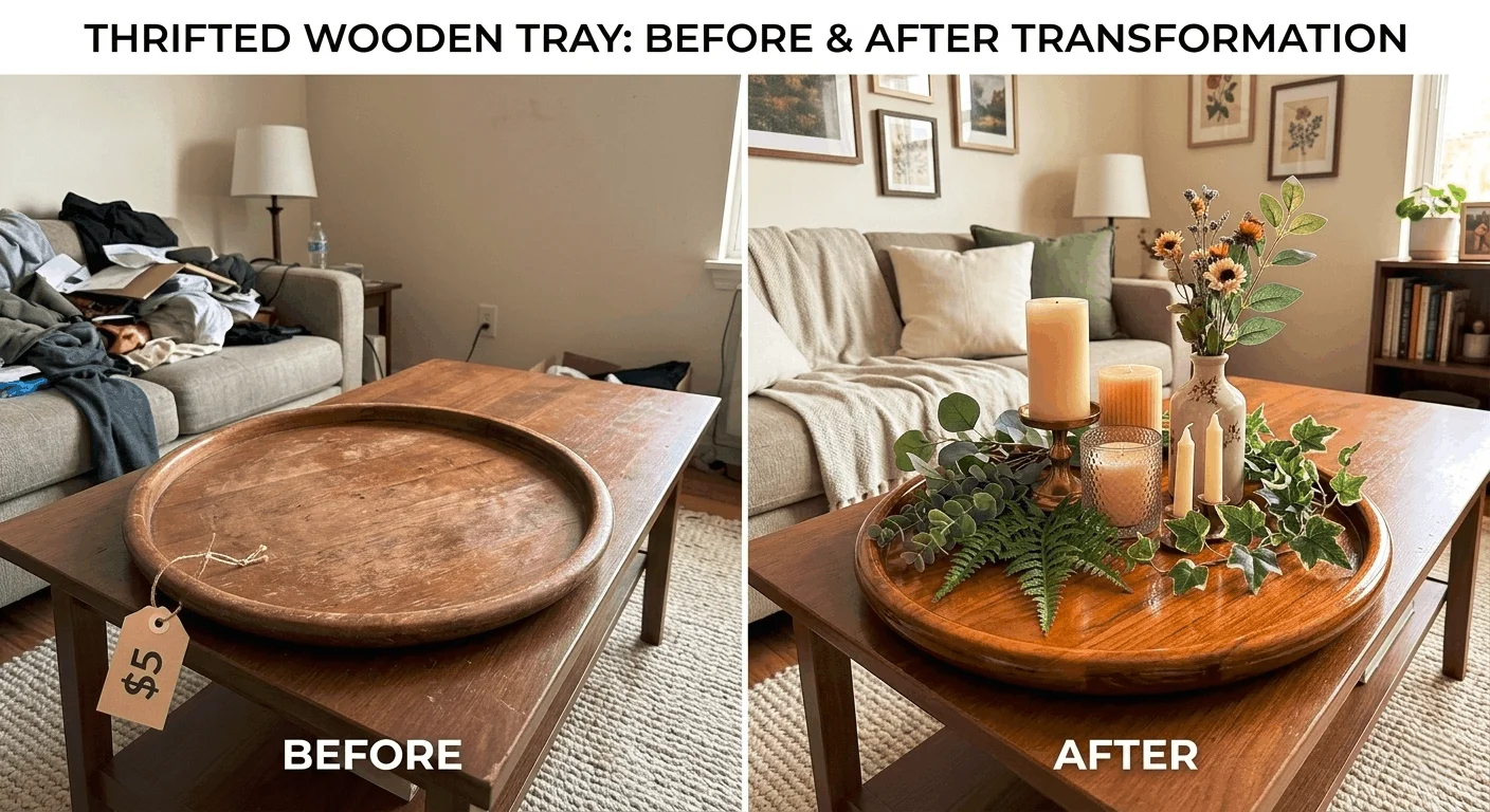 Budget apartment decorating thrift finds example with cheap thrift store home decor hacks tray centerpiece.
