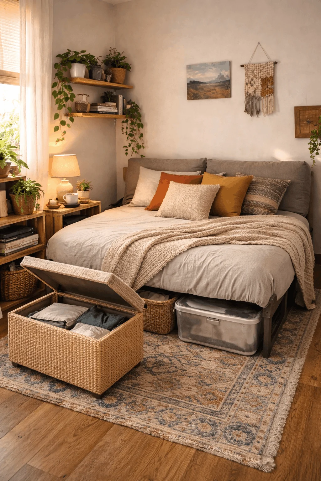 Budget studio decor with multifunctional futon and storage ottoman for small studio decor on a budget and small studio apartment organization and decor.