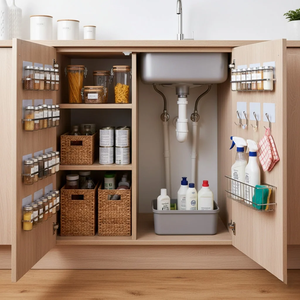 Studio apartment zoning with bookshelf room divider and area rugs creating separate living and sleeping spaces