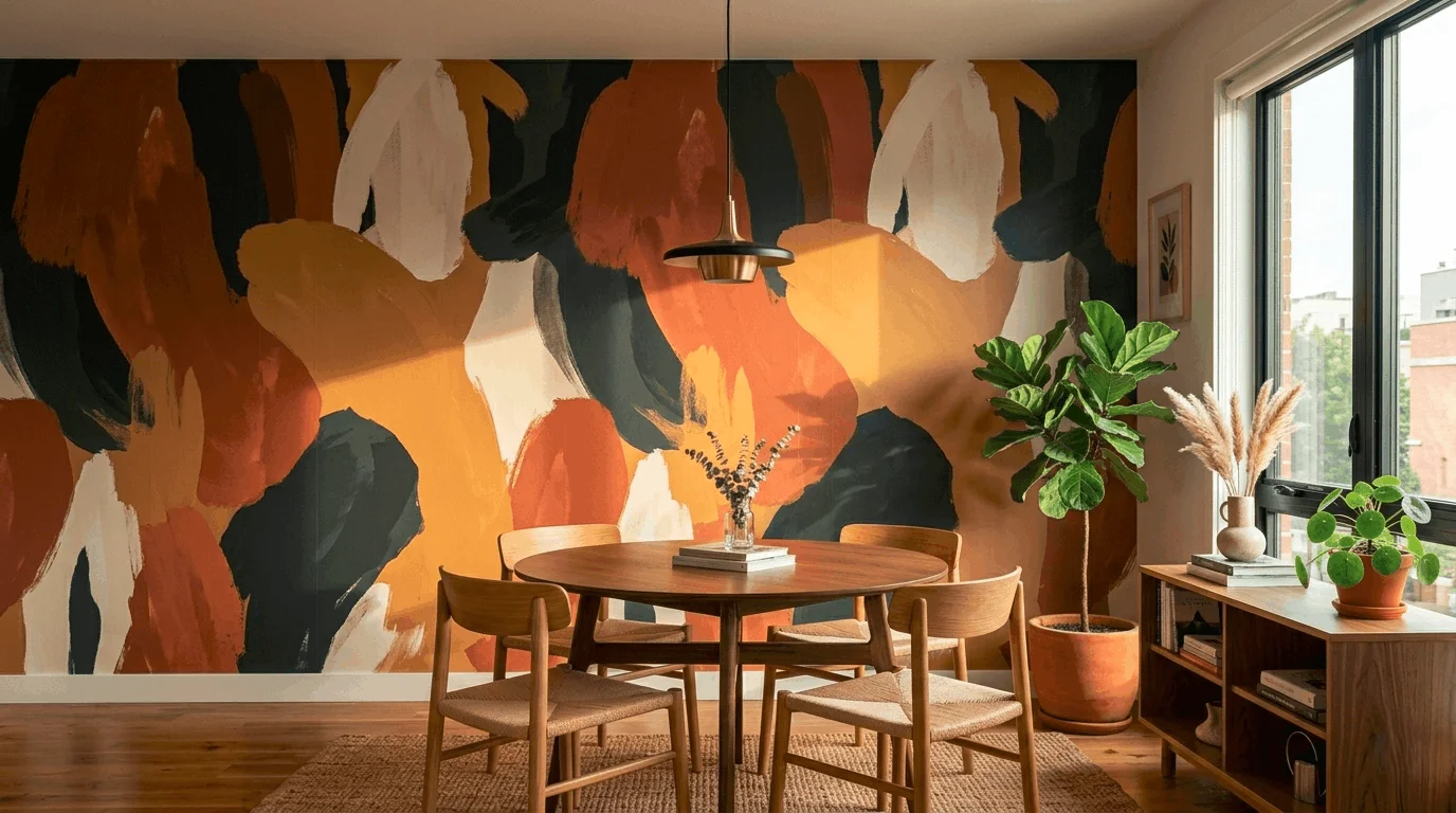 Dramatic apartment dining room with a bold abstract art-inspired Chasing Paper peel and stick statement wall — a damage-free wallpaper rental choice trusted by style-forward renters