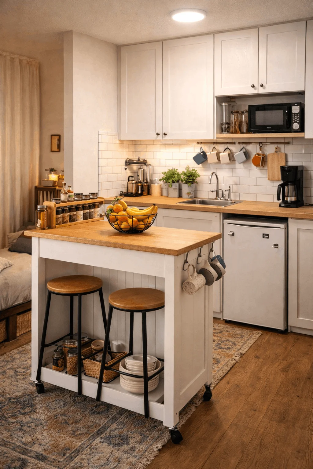 Cheap small apartment makeover kitchen cart hack for small studio decor on a budget and DIY studio apartment decor under $100.