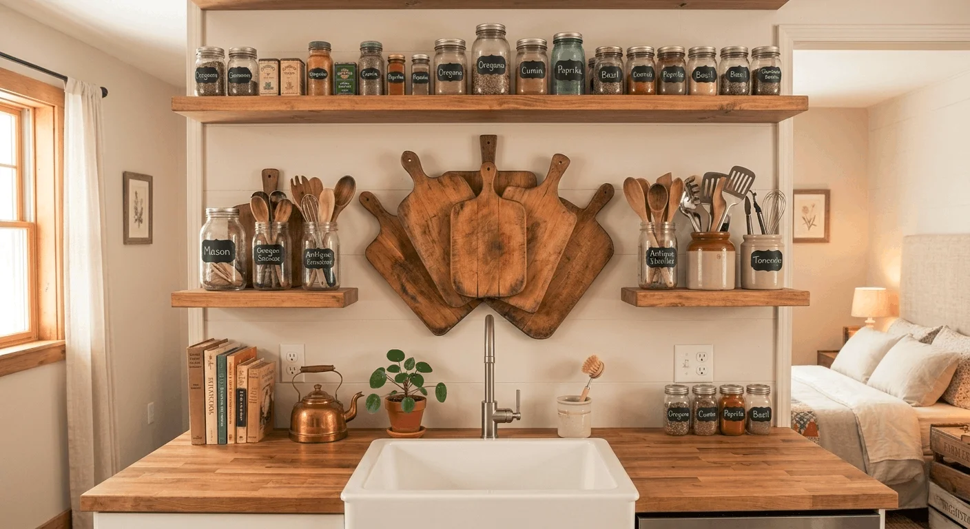 Cheap thrift store home decor hacks kitchen using mason jars and open shelving.