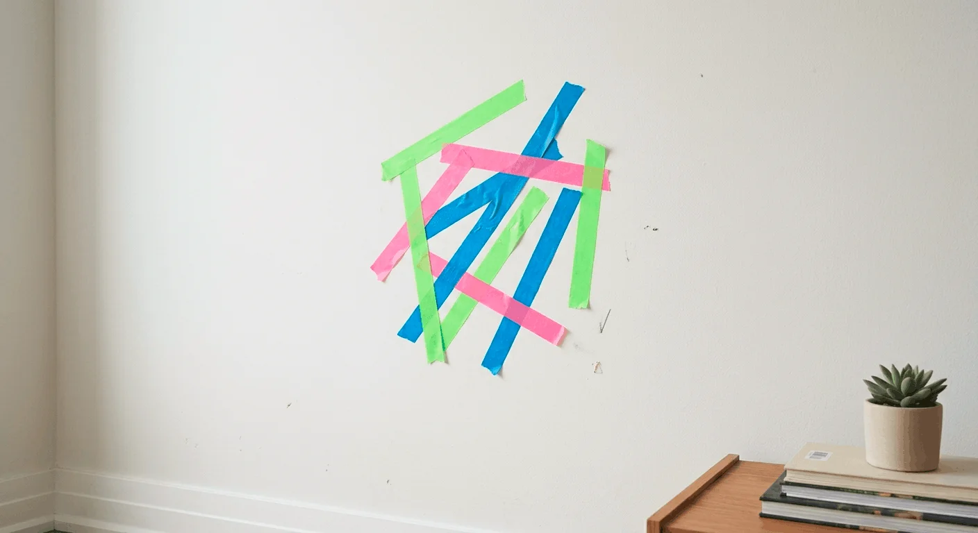 Common washi tape wall art mistakes showing thin mismatched tape strips in bright clashing colors applied unevenly on a plain white apartment wall