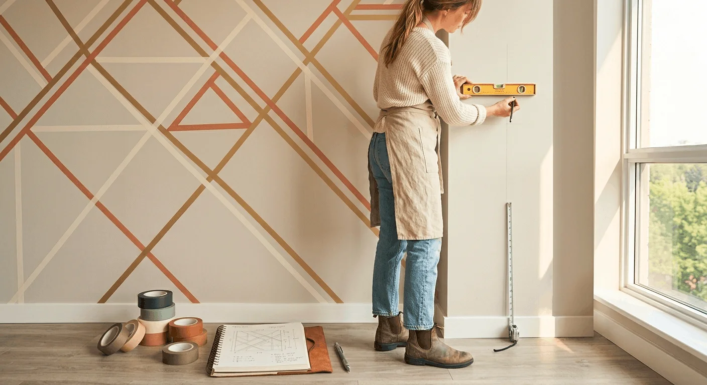 Person measuring and marking a wall with a level and pencil before applying washi tape wall art in a bright apartment room DIY tutorial