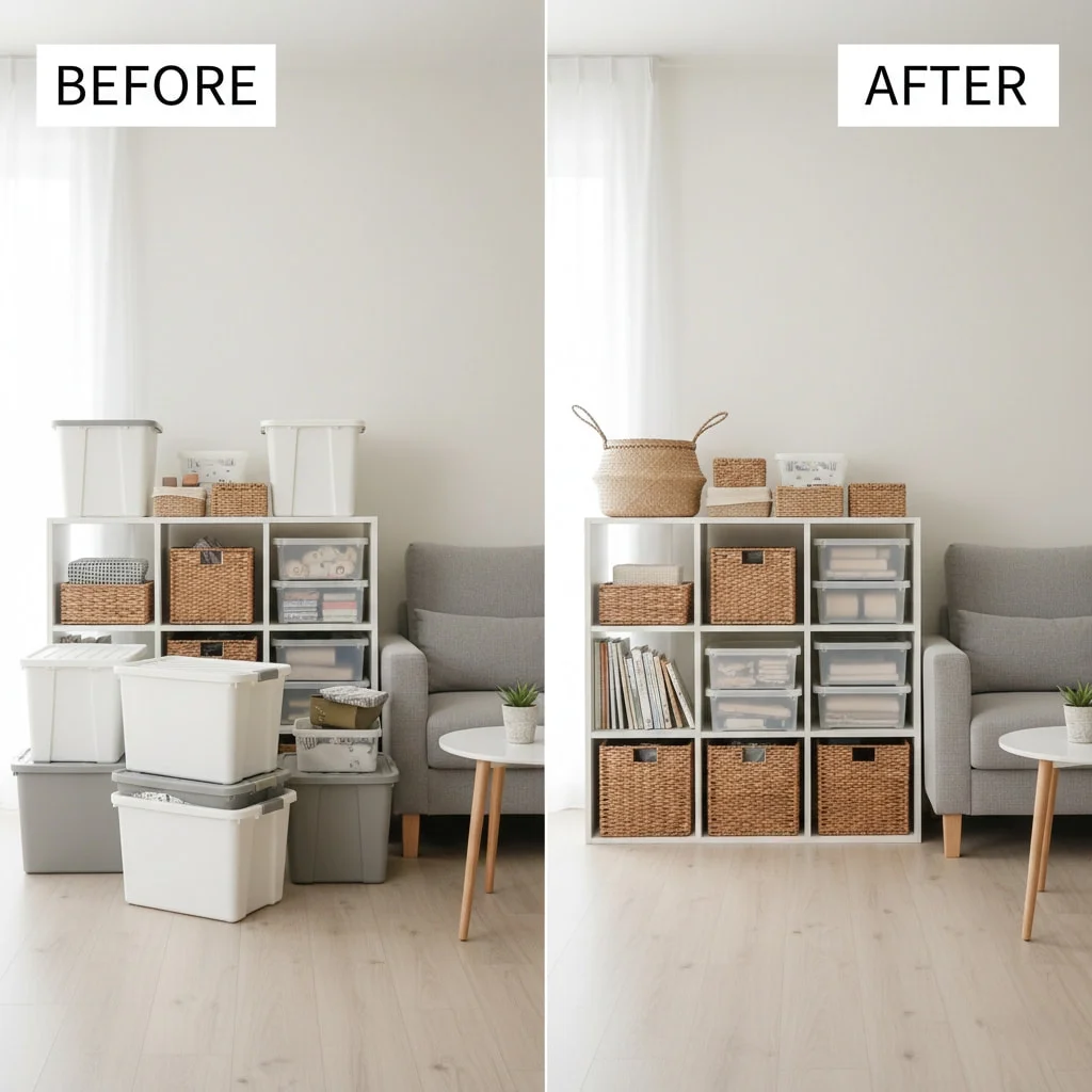 Opaque plastic storage bins causing clutter in small apartment versus organized clear bins and woven baskets for minimalist rental storage