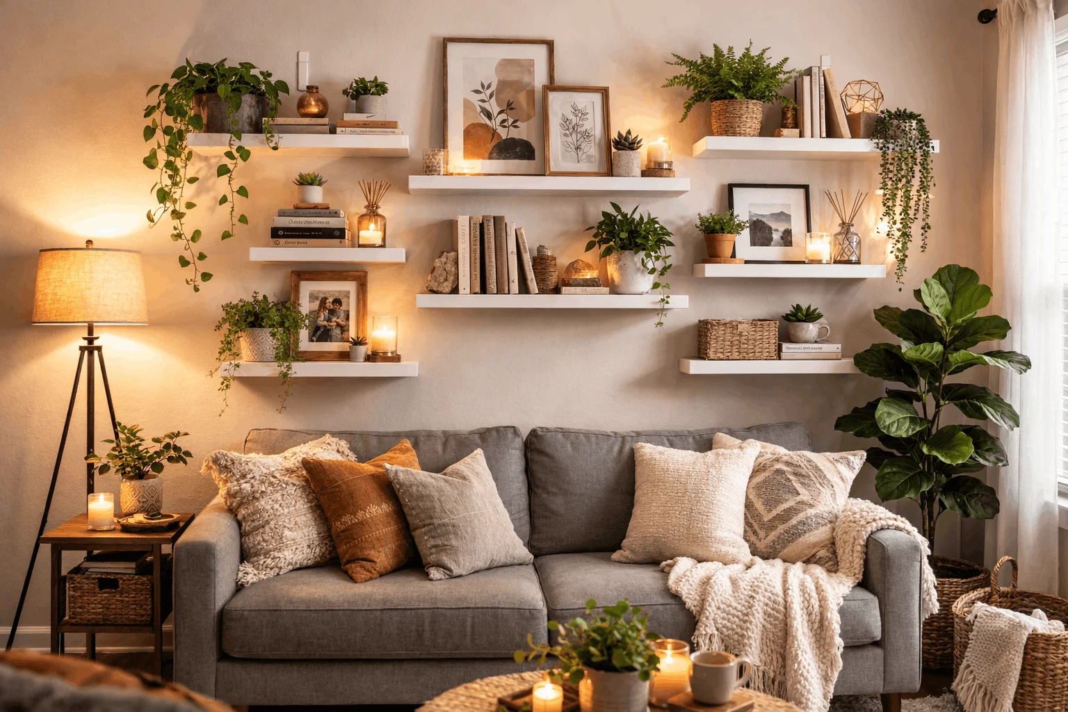 Floating shelves with command strips for no damage wall decor in cozy living room ideas for renters.