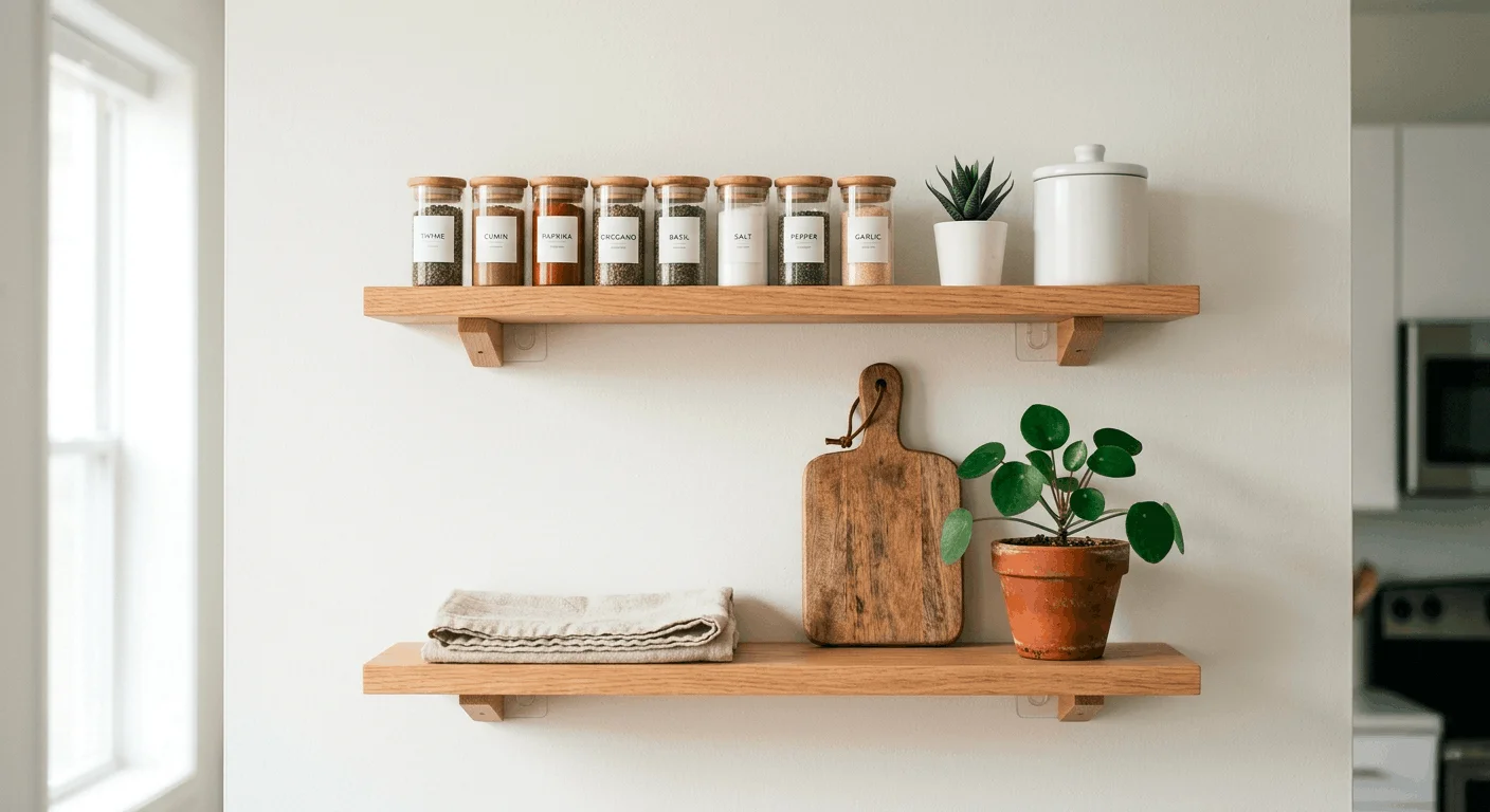 Command strip adhesive shelves mounted on apartment kitchen wall holding spice jars and small plants, no-drill wall storage