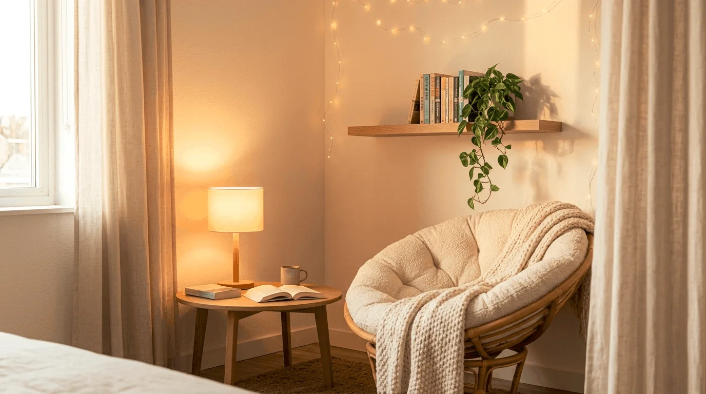 Cozy reading nook bedroom idea for small apartment with papasan chair, warm lamp, and floating book shelf in the corner