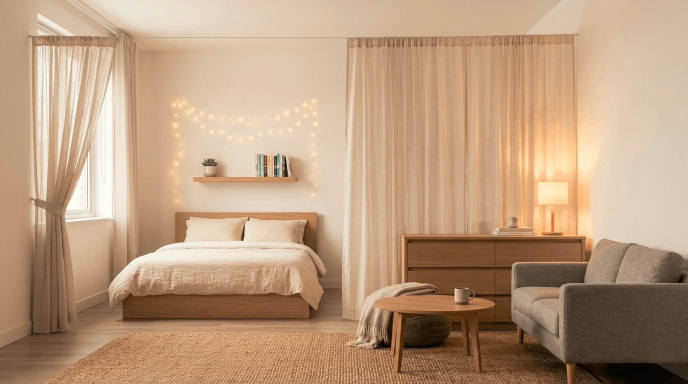 Cozy studio apartment bedroom setup with sheer curtain room divider separating the sleep zone from the living area