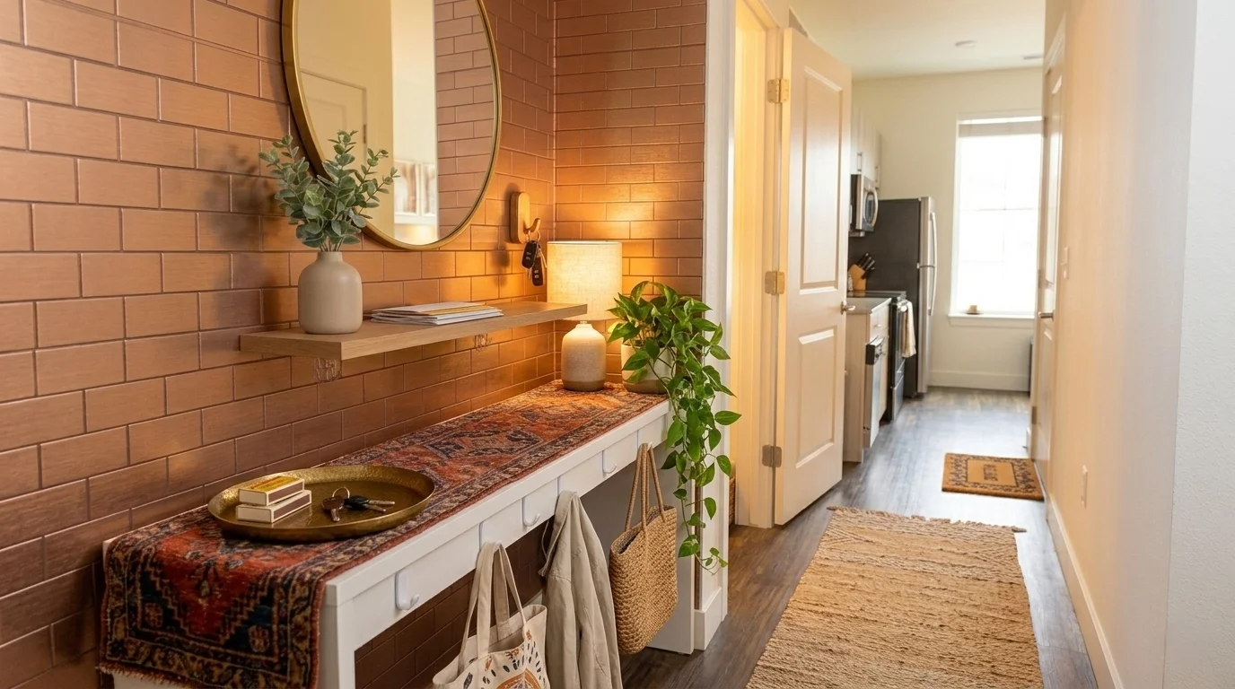 DIY peel and stick backsplash for apartment entryway no damage decor.