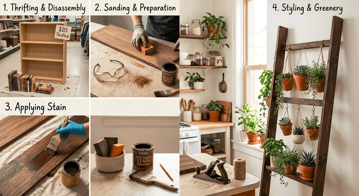 DIY upcycled thrift decor small spaces ladder shelf hack for stylish small apartments.