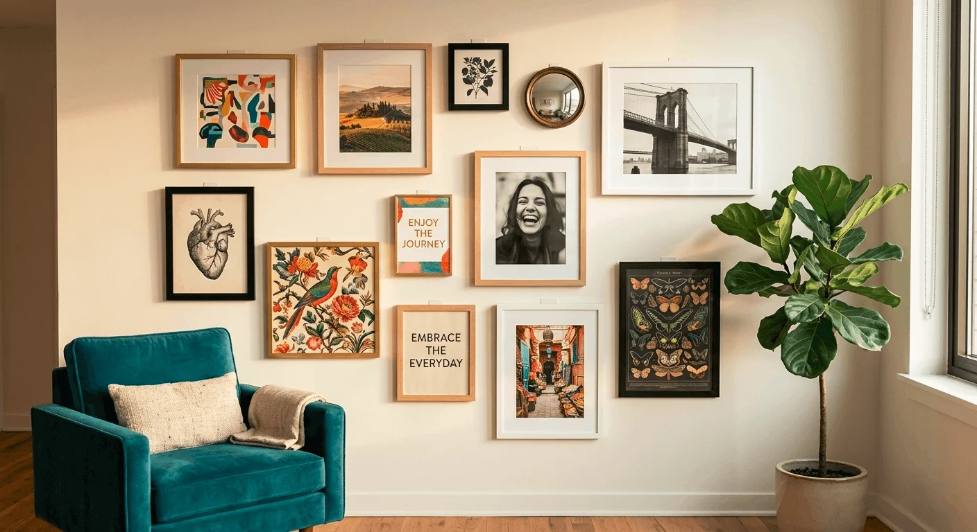 Eclectic renter-friendly gallery wall without nails in apartment living room with mixed frames botanical prints art and small mirror hung with adhesive strips