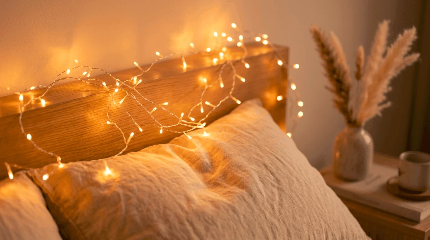 Fairy lights bedroom idea with warm white string lights draped over a wooden headboard in a cozy small apartment