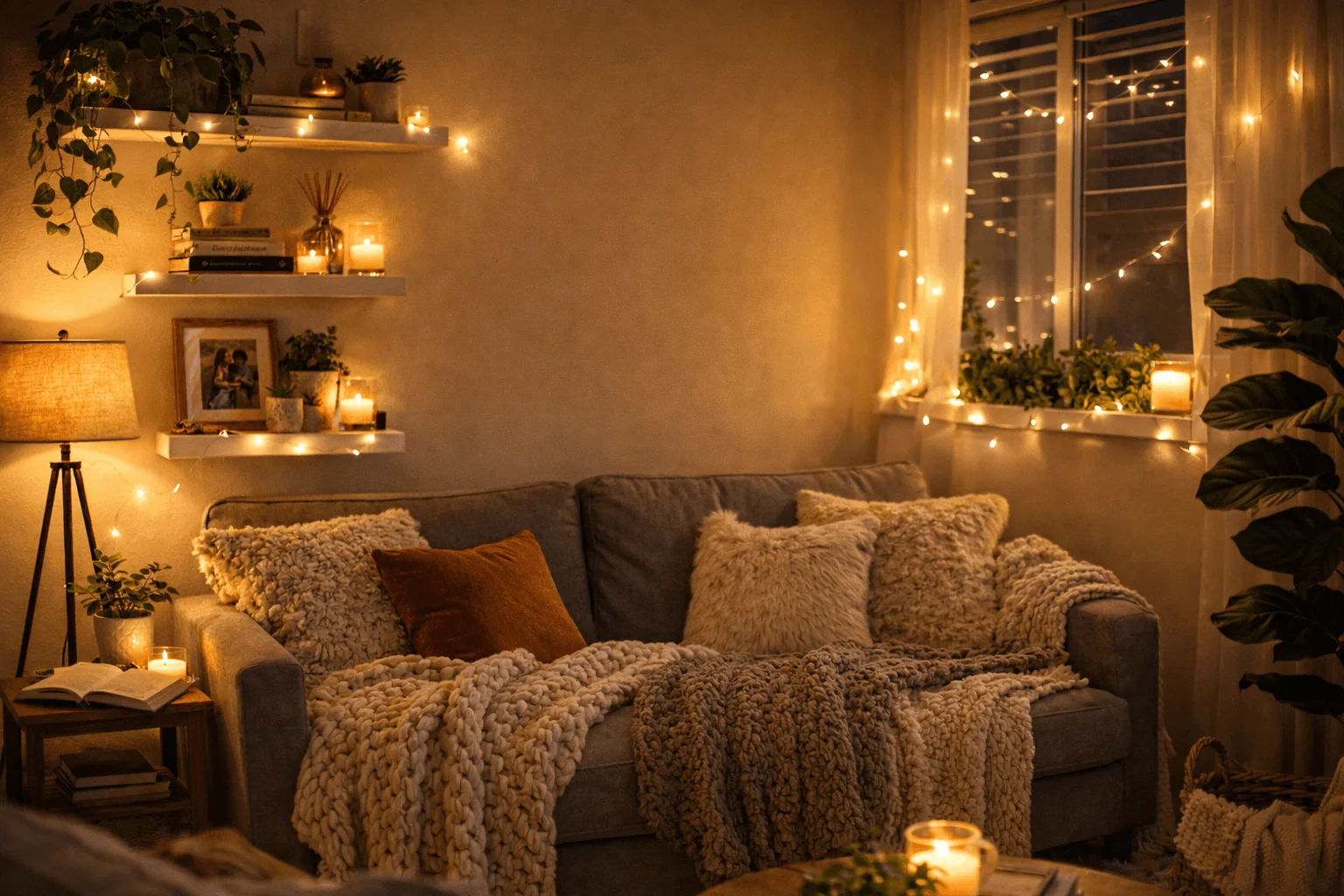 Battery fairy lights adding ambient glow to budget cozy living room for renters.