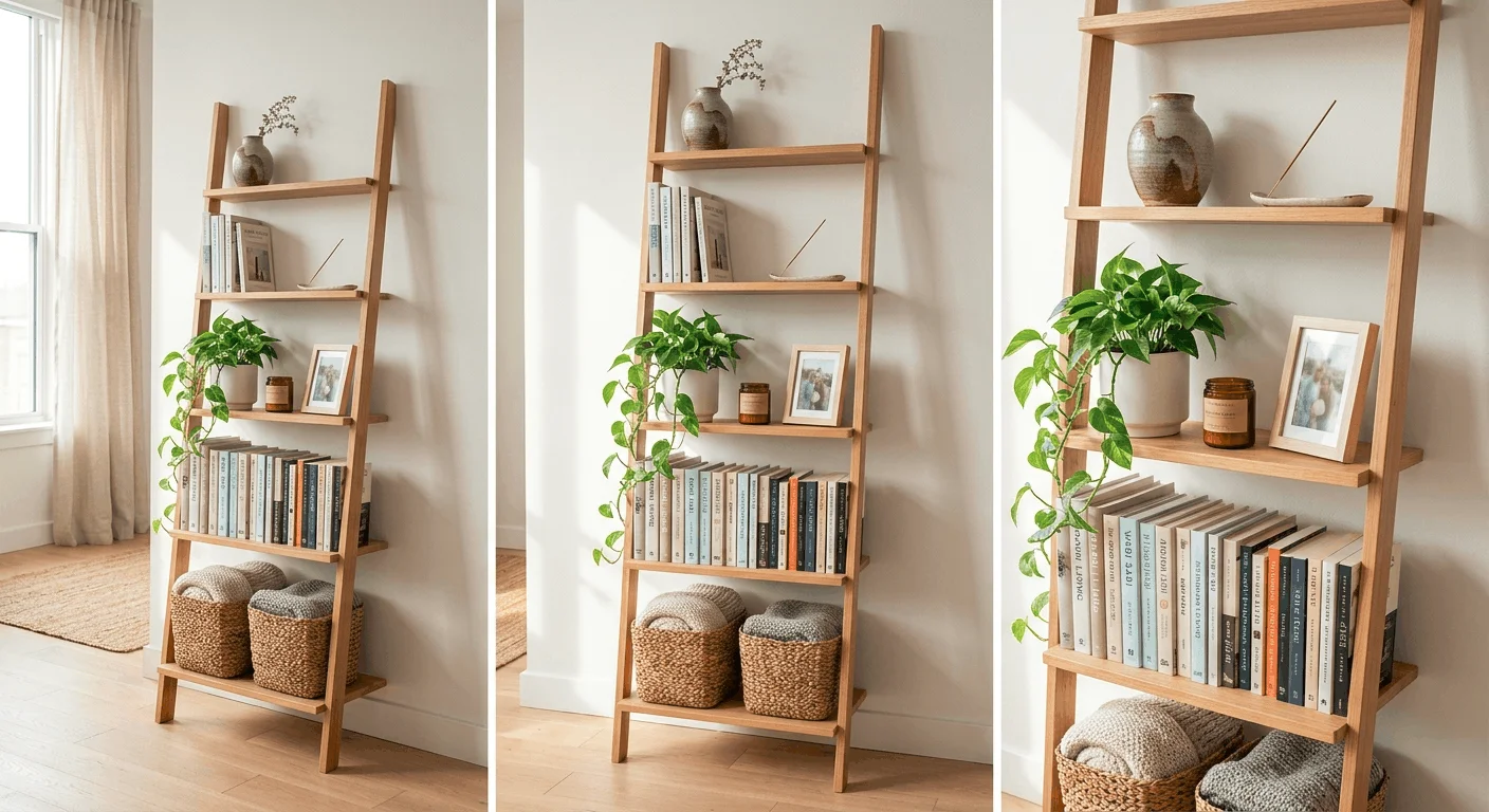 Wooden ladder shelf leaning against apartment wall with books, plants, and baskets as no-drill floating shelf alternative for renters