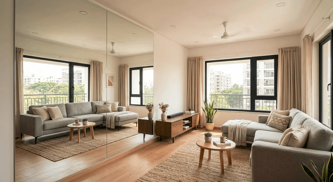 Floor to ceiling mirror in small apartment living room making space look bigger and ceiling feel taller