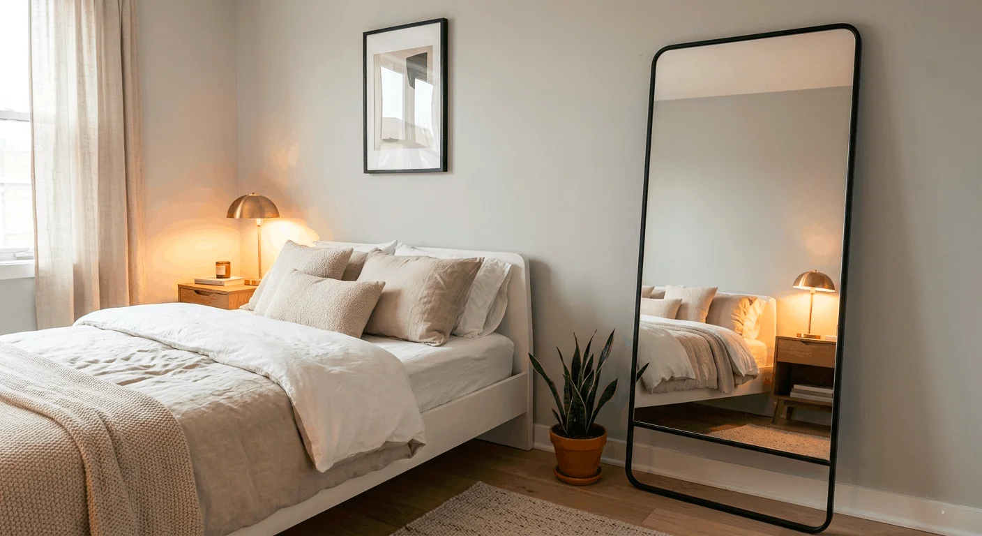 Full length mirror leaning against wall in small bedroom creating depth and illusion of larger space