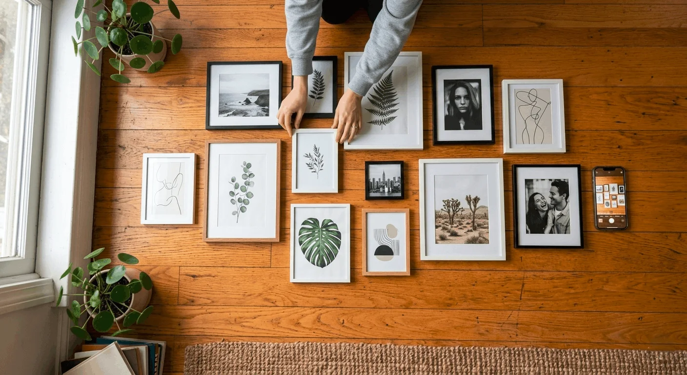 Planning a nail-free gallery wall layout by arranging picture frames on the floor before hanging to visualize placement
