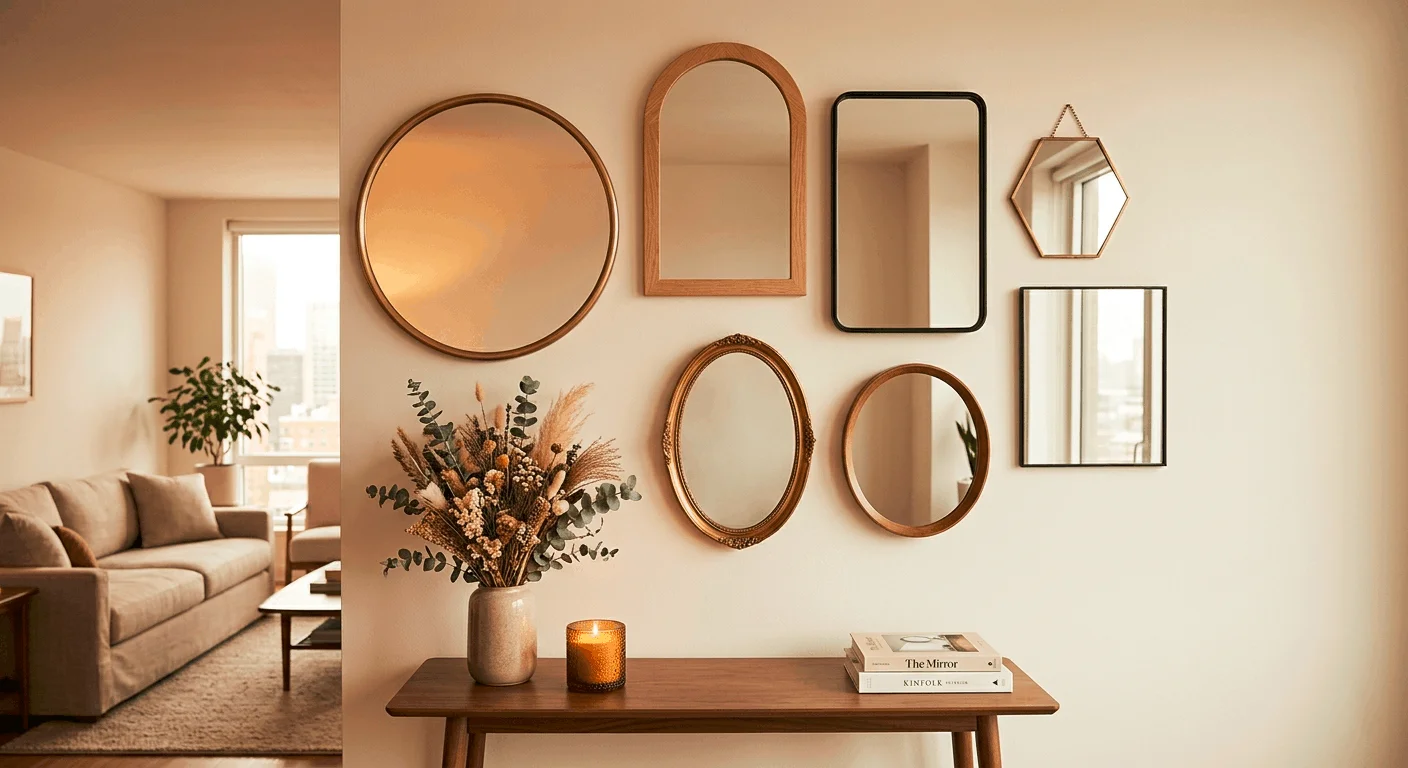 Gallery wall mirrors arrangement in a rental studio apartment with mixed frame shapes and sizes for decor
