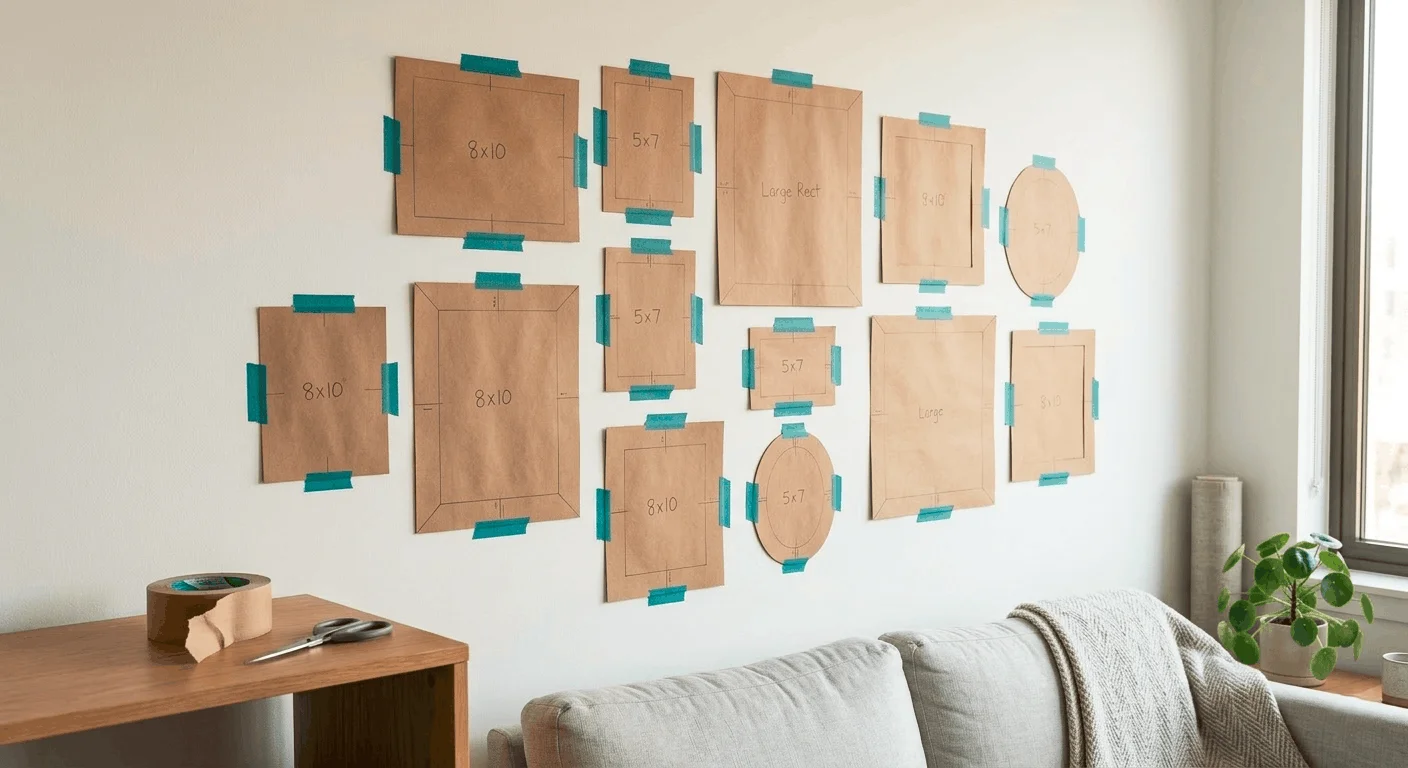 Painter's tape and paper templates mapped on apartment wall to plan a damage-free gallery wall arrangement before hanging frames