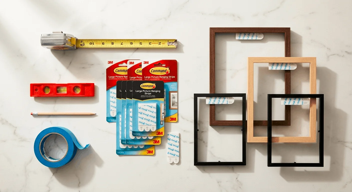 Flat lay of supplies for creating a gallery wall without nails including command strips adhesive picture hanging strips painter tape and a level