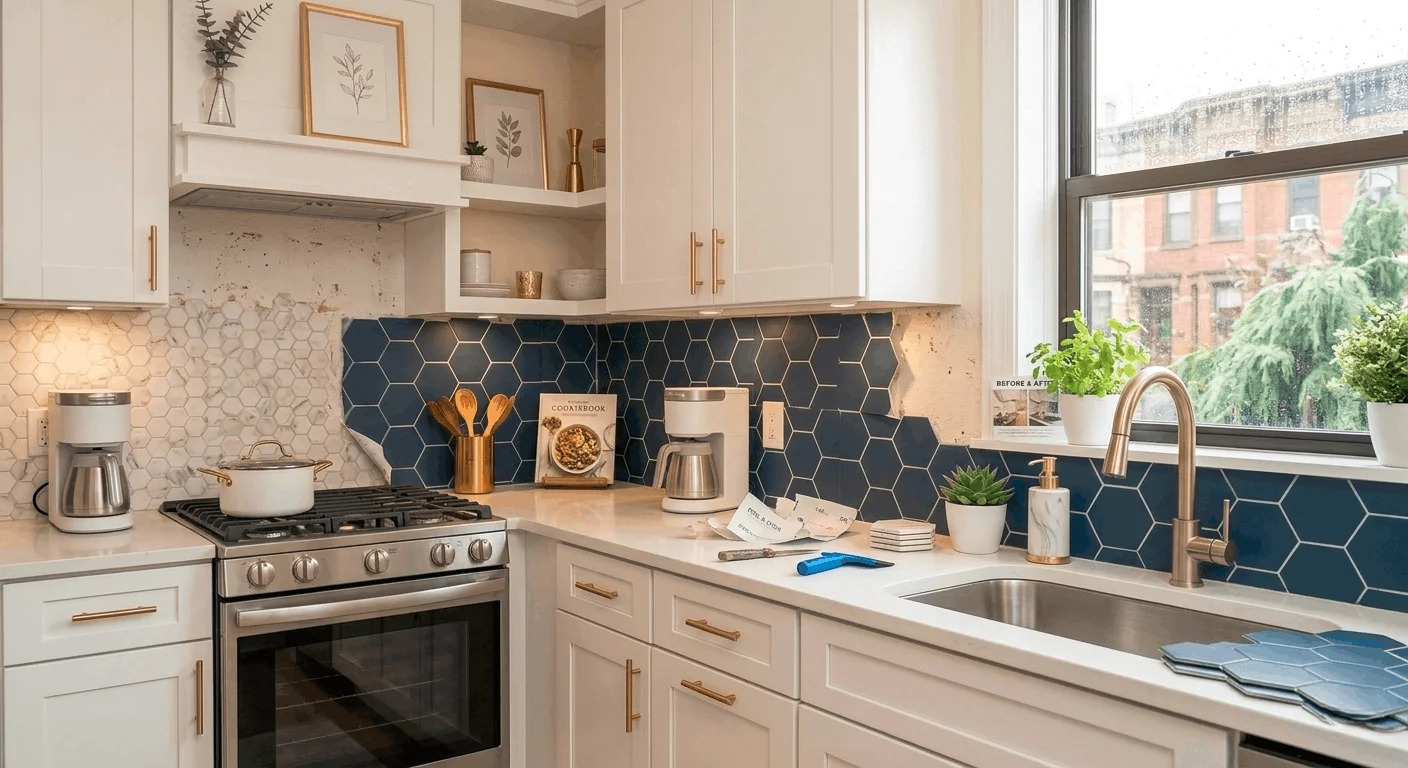 Bold geometric peel-and-stick backsplash ideas for temporary backsplash ideas renters in modern apartment kitchen makeover on a budget.