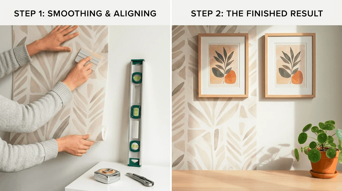 Step-by-step view of applying peel and stick wallpaper on a smooth apartment wall using a squeegee — how to hang temporary wallpaper for apartments without damaging walls or paint